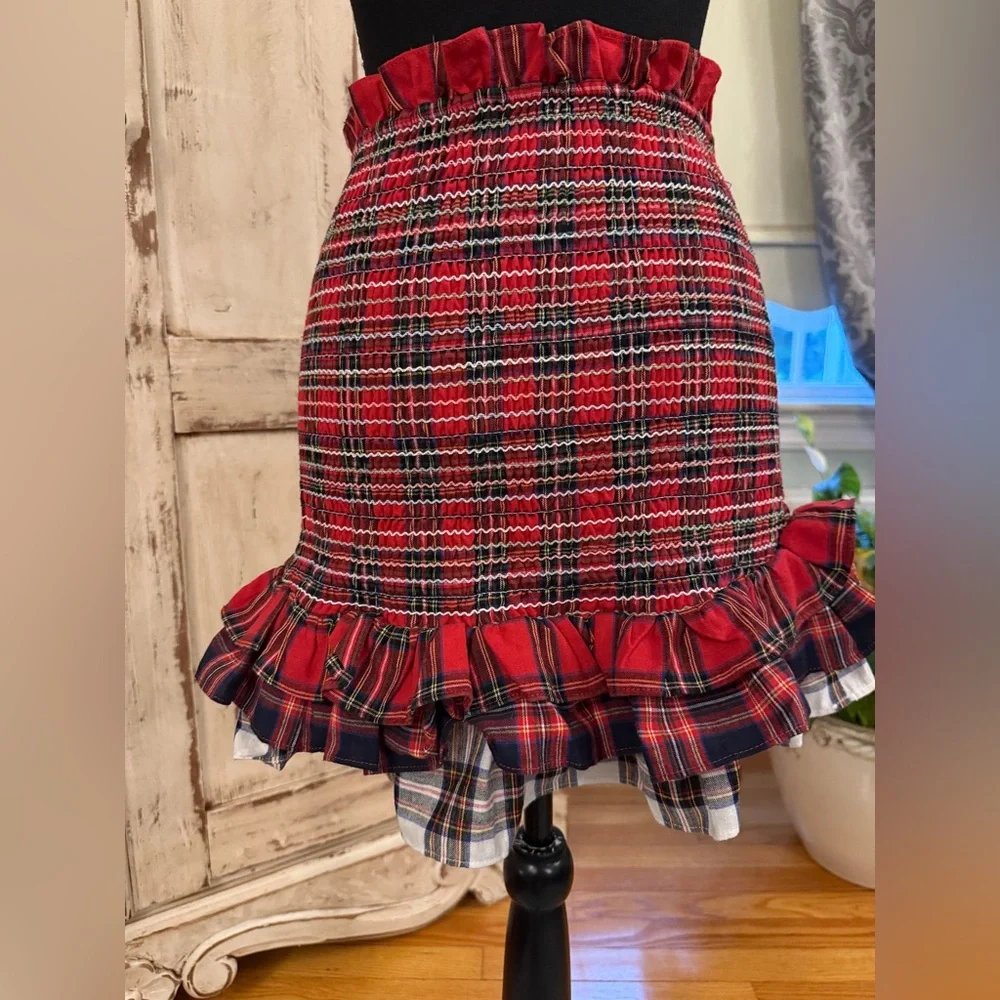 English Factory Red & Navy Smocked Tartan Tiered Ruffle Hem Skirt/top. Sz small - Picture 9 of 14